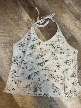 Blue asphalt size small tie strap halter top, cream with pattern